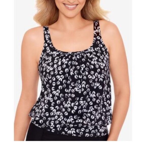 Swim Solutions BLACK Printed Shirred-Neck Tankini Swim Top, US 10 swimwear - Picture 1 of 11